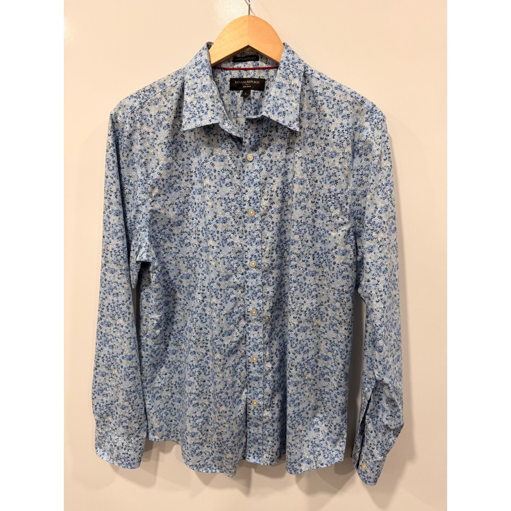 Banana‎ Republic Mens Untucked Fit Non-Iron Floral Shirt Blue White Large L